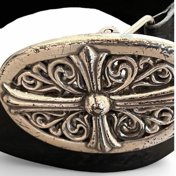 Vintage Y2K Genuine Black Bonded Leather Belt western boho cross cowboy festival - Picture 3 of 5